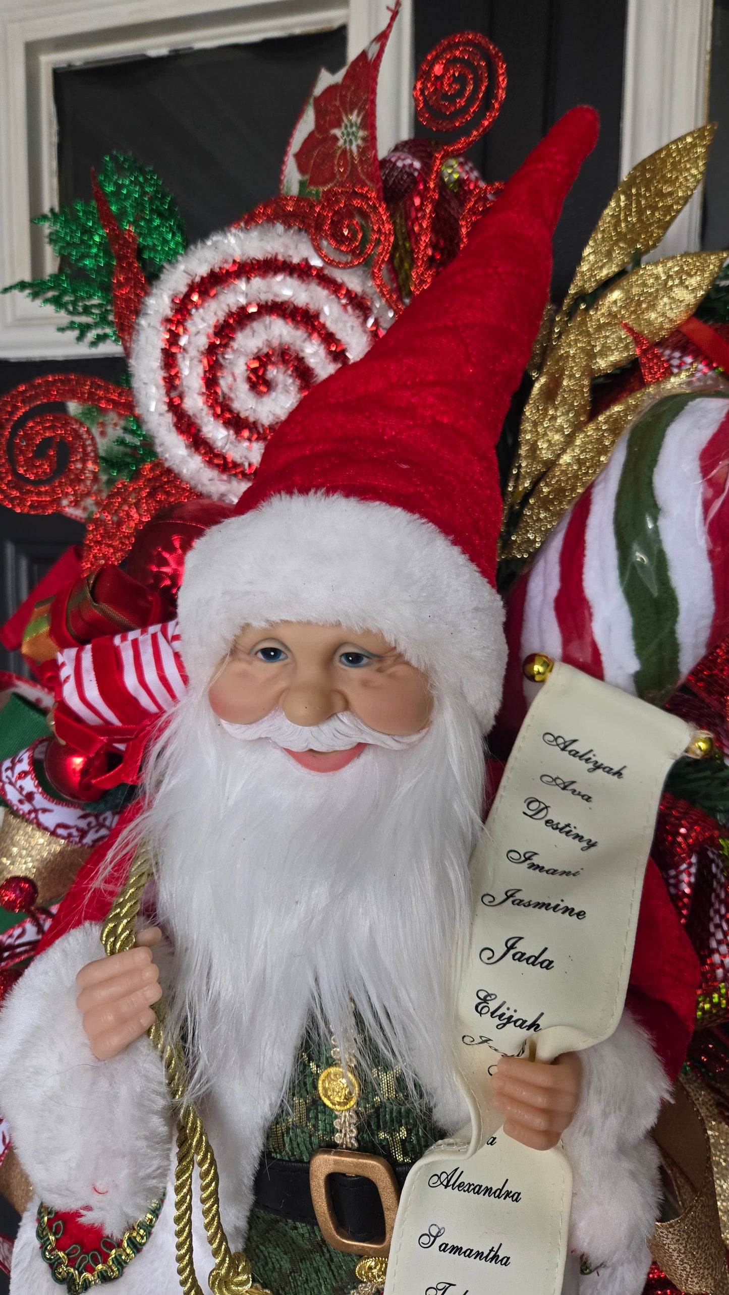 Santa Claus Christmas Swag – Holiday Door Swag with Santa Figurine, Ribbons, Candy Canes & Ornaments