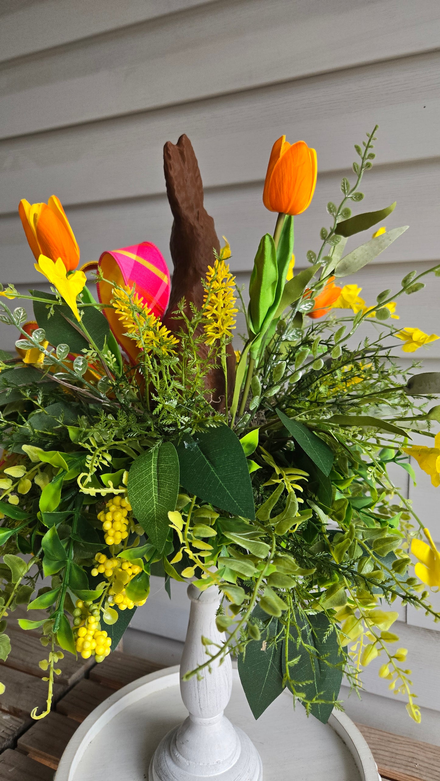 Chocolate Bunny Candlestick Easter Centerpiece | Spring Floral Arrangement with Tulips