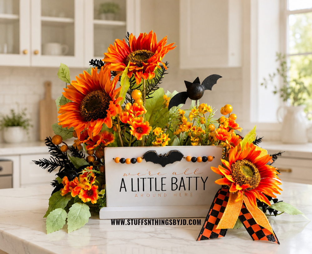 We're All a Little Batty Halloween Sunflower Floral Arrangement | Halloween Table Centerpiece