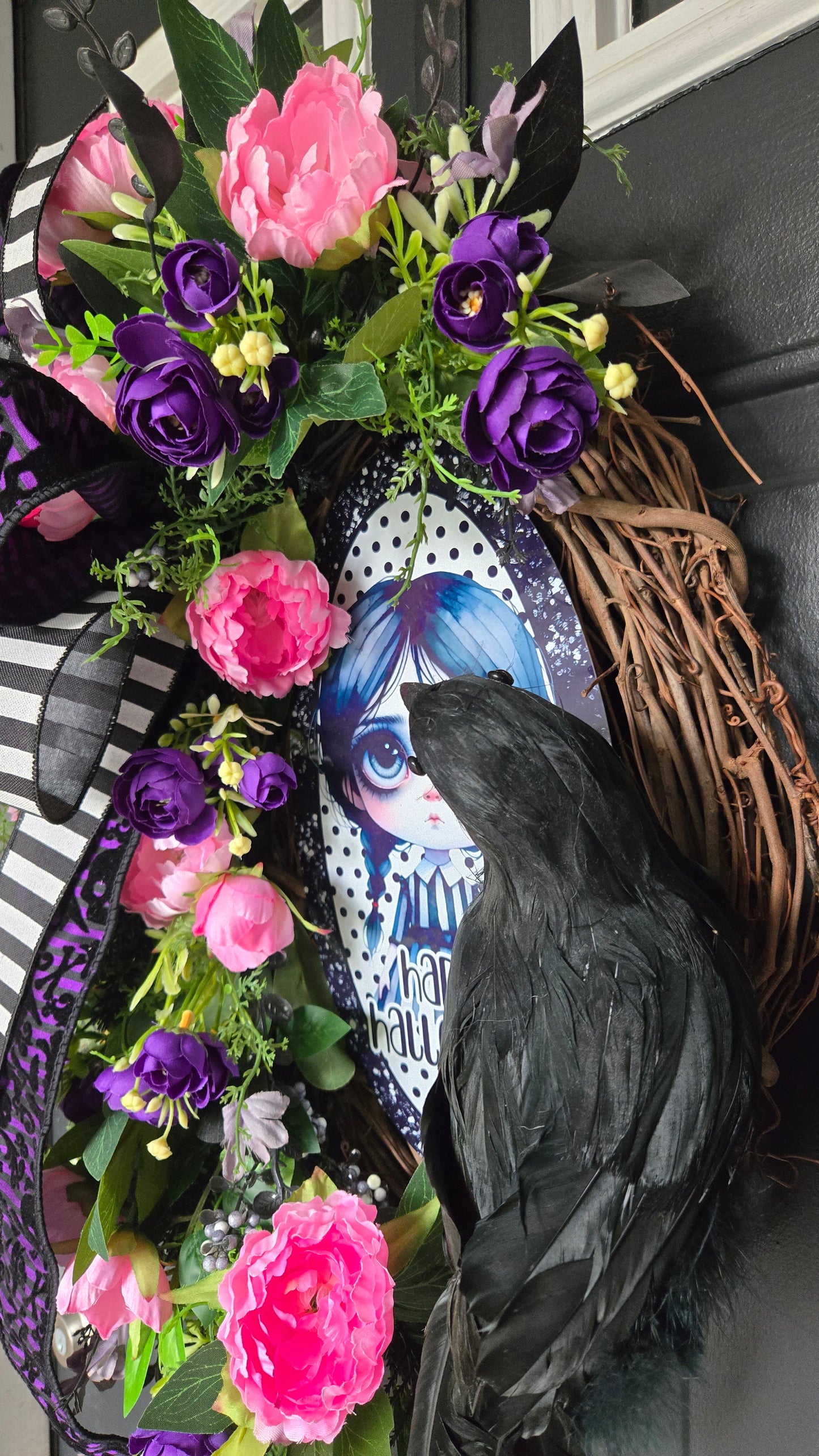 Happy Halloween Girl Wreath | Raven Halloween Door Decor with Peonies, Ranunculus & Black Foliage