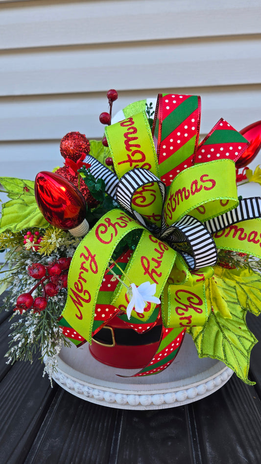 Whimsical Christmas Table Arrangement – Santa Belt Pot Centerpiece