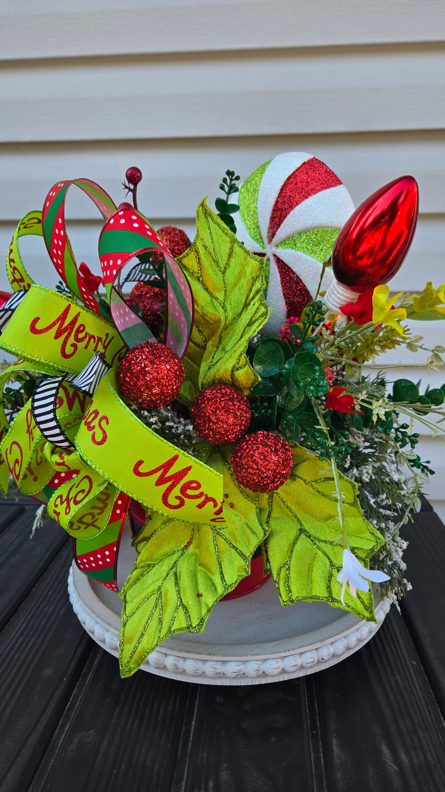 Whimsical Christmas Table Arrangement – Santa Belt Pot Centerpiece