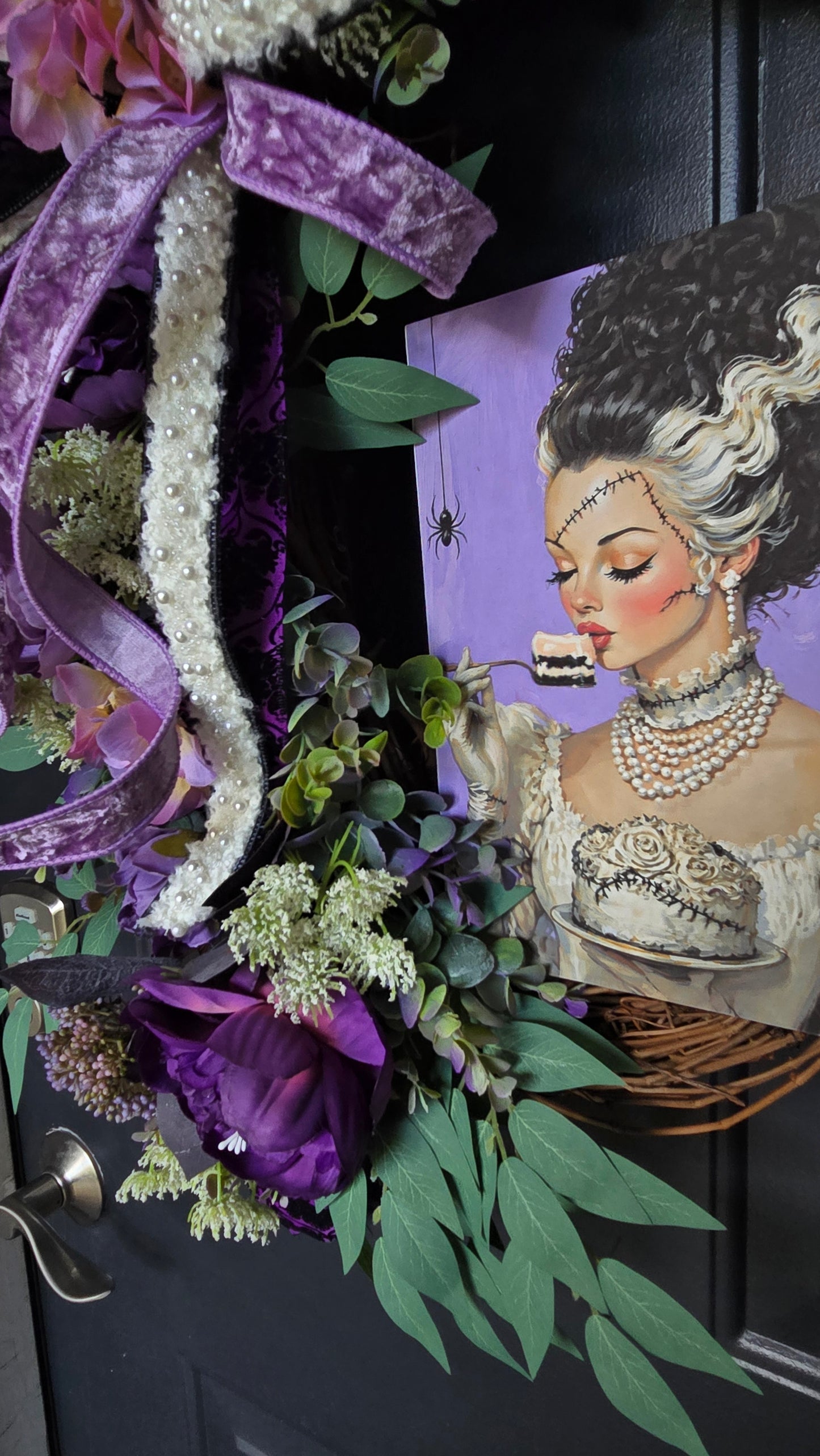 Glam Romantic Bride - Purple Floral Grapevine Wreath with Velvet Ribbon & Gothic Art Accent