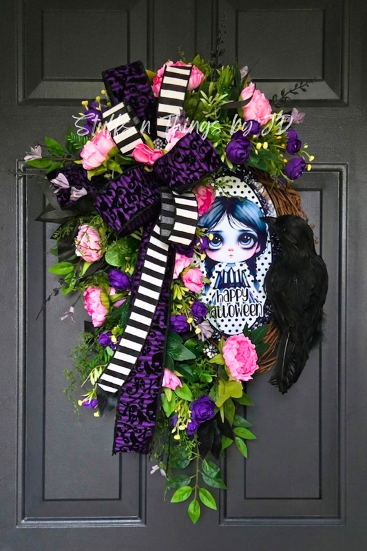 Happy Halloween Girl Wreath | Raven Halloween Door Decor with Peonies, Ranunculus & Black Foliage