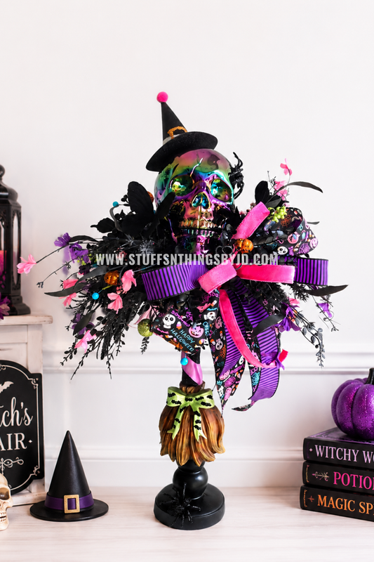 Halloween Witches Broom Skull Centerpiece | Colorful Witch Hat Table Decor | One-of-a-Kind Spooky Arrangement
