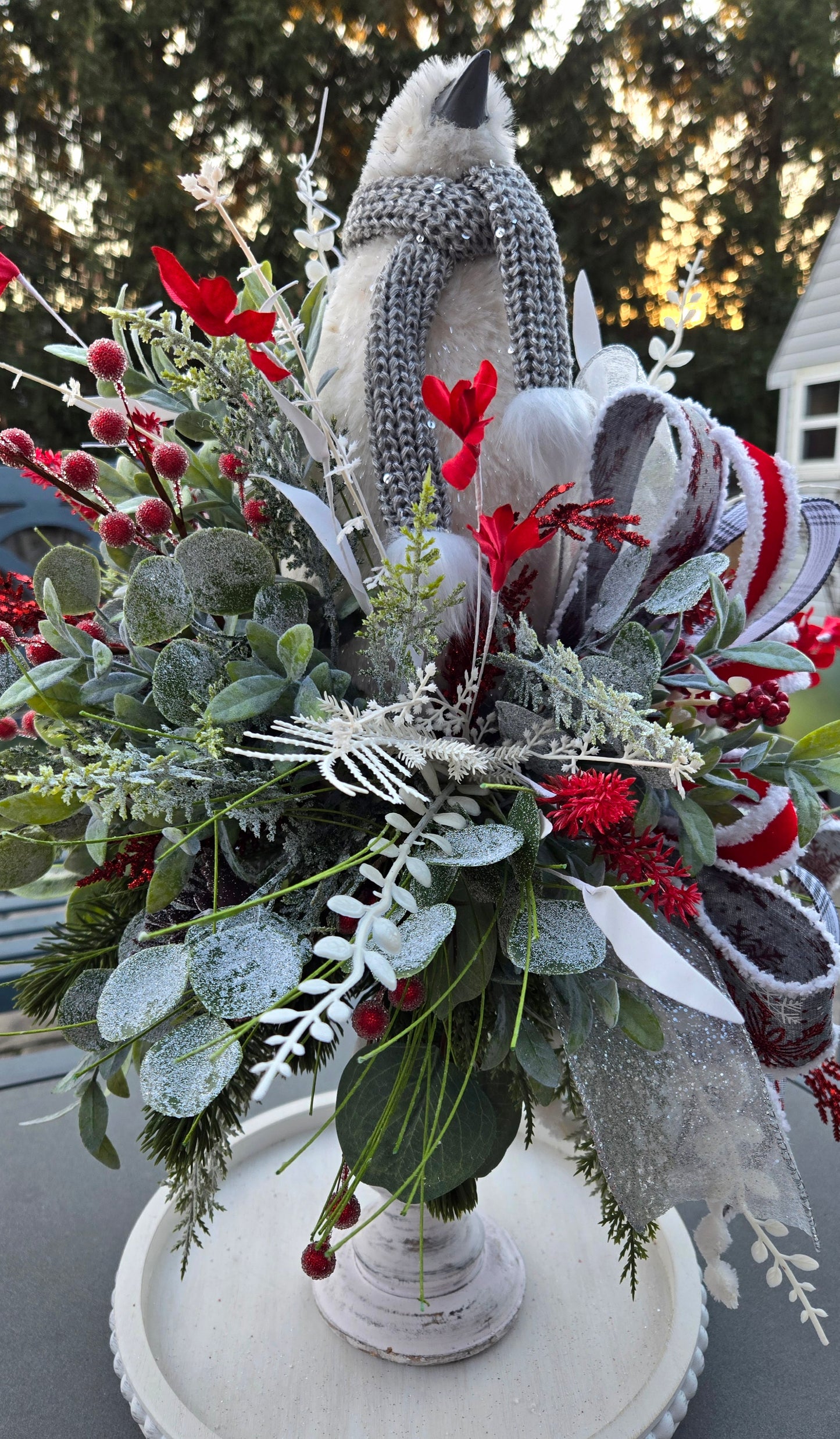 Winter Penguin Christmas Candlestick Centerpiece | Elegant Red, White & Silver Holiday Table Decor