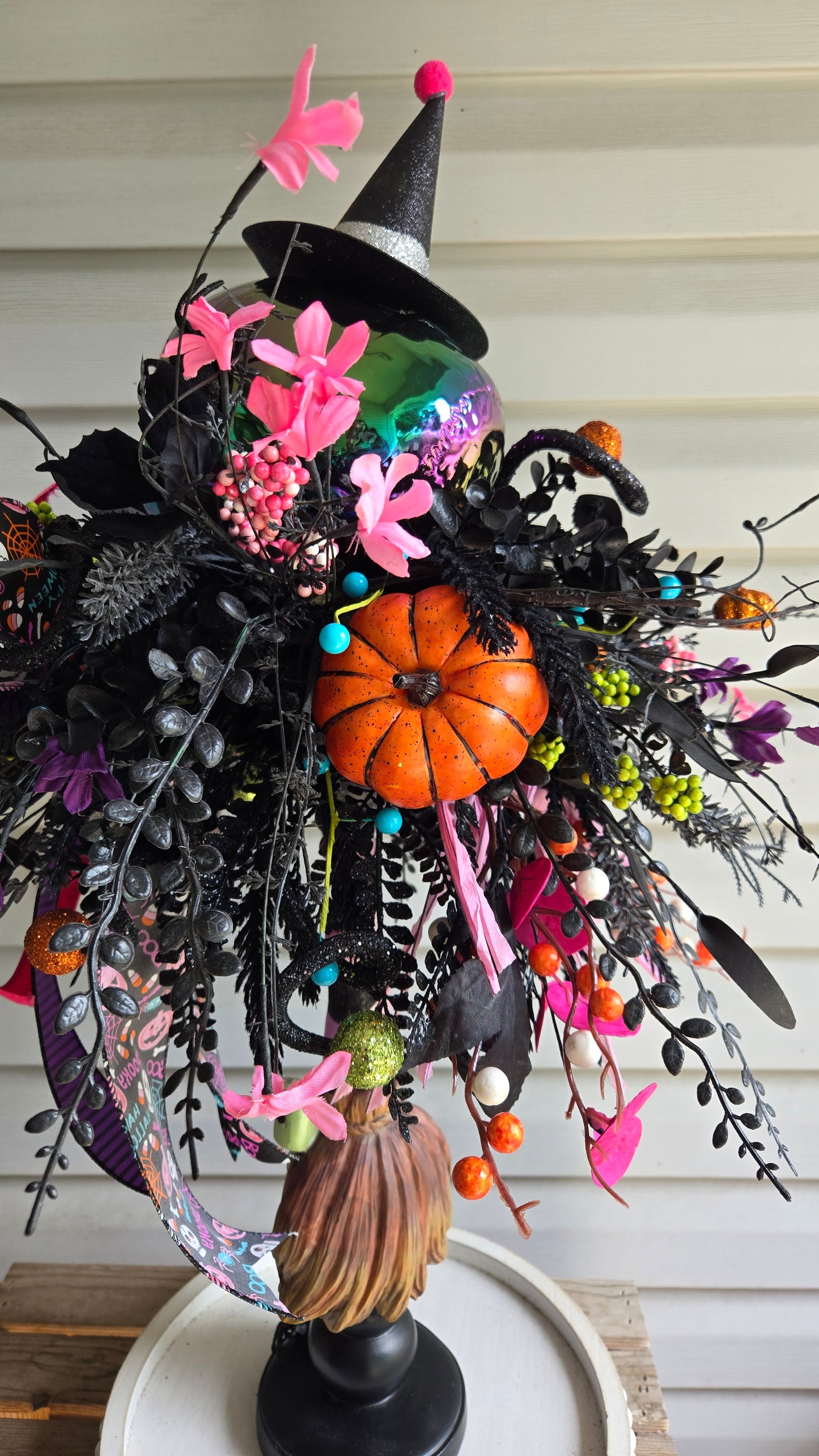 Halloween Witches Broom Skull Centerpiece | Colorful Witch Hat Table Decor | One-of-a-Kind Spooky Arrangement