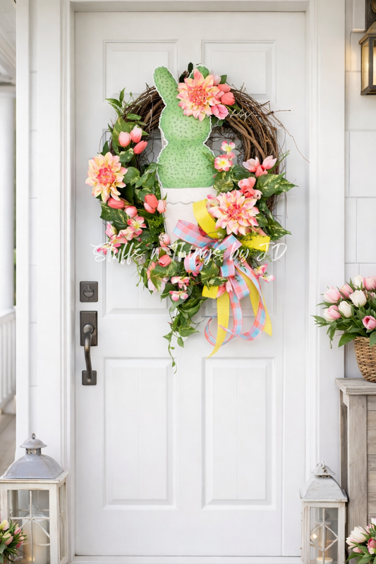 Easter Topiary Grapevine Wreath | Spring Bunny Door Wreath | Floral Easter Front Door Decor | Pastel Spring Wreath with Bow