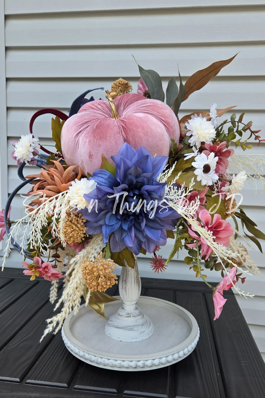Glam Boho Chic Fall Arrangement - Velvet Pink Pumpkin Candlestick