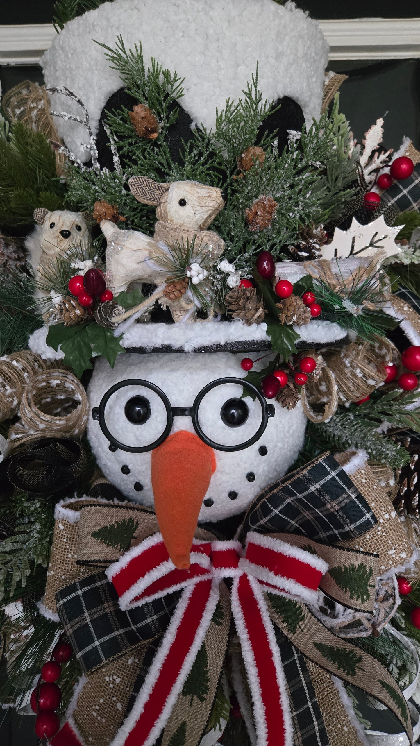 Rustic Snowman Christmas Wreath with Glasses – Holiday Seasonal Door Wreath with Pinecones & Woodland Accents