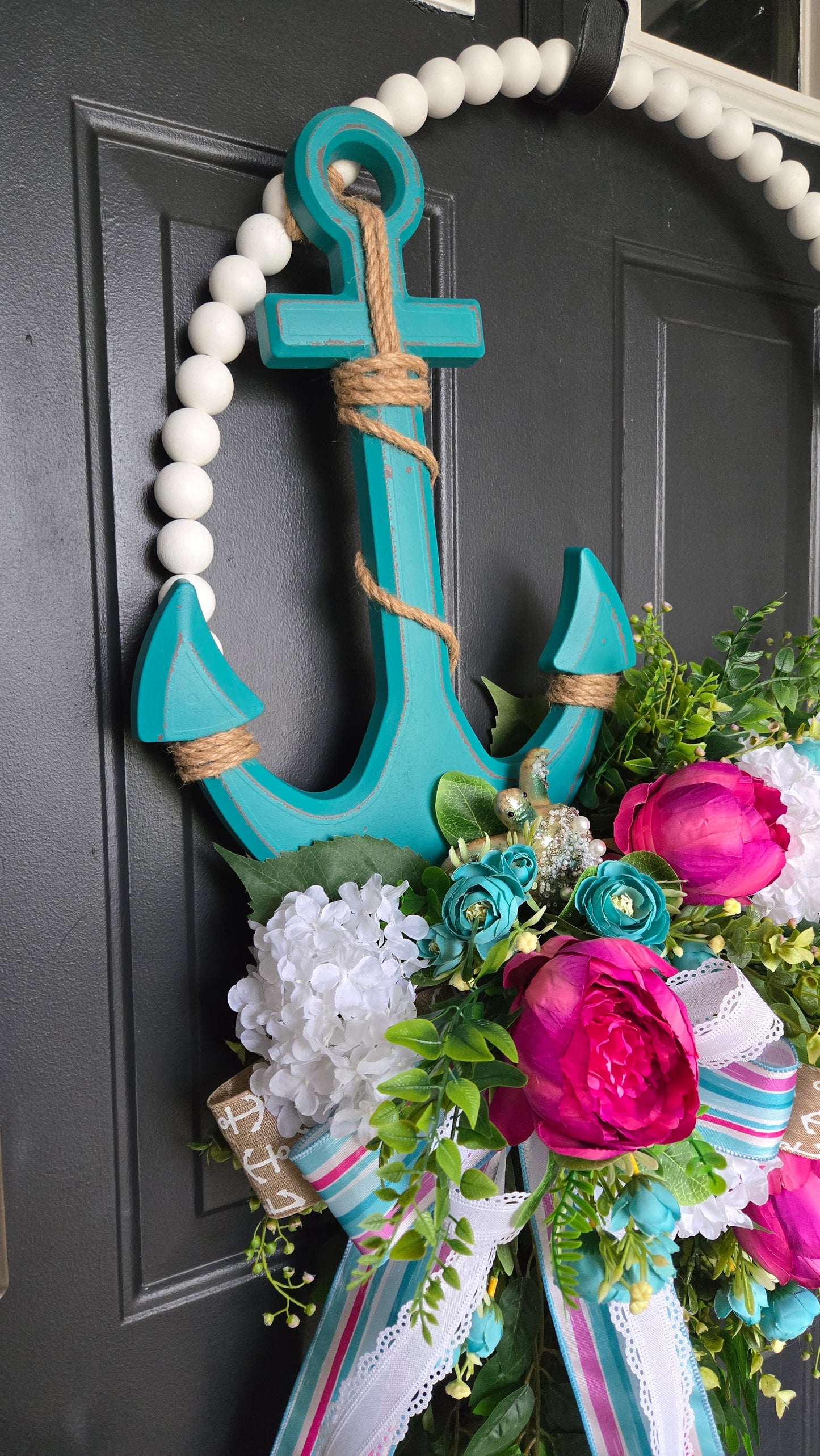 Coastal Bead Wreath with Turquoise Anchor & Lush Florals | Oversized Front Door Statement