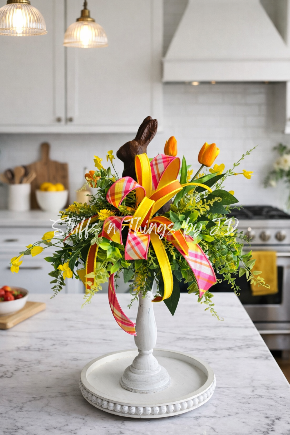 Chocolate Bunny Candlestick Easter Centerpiece | Spring Floral Arrangement with Tulips