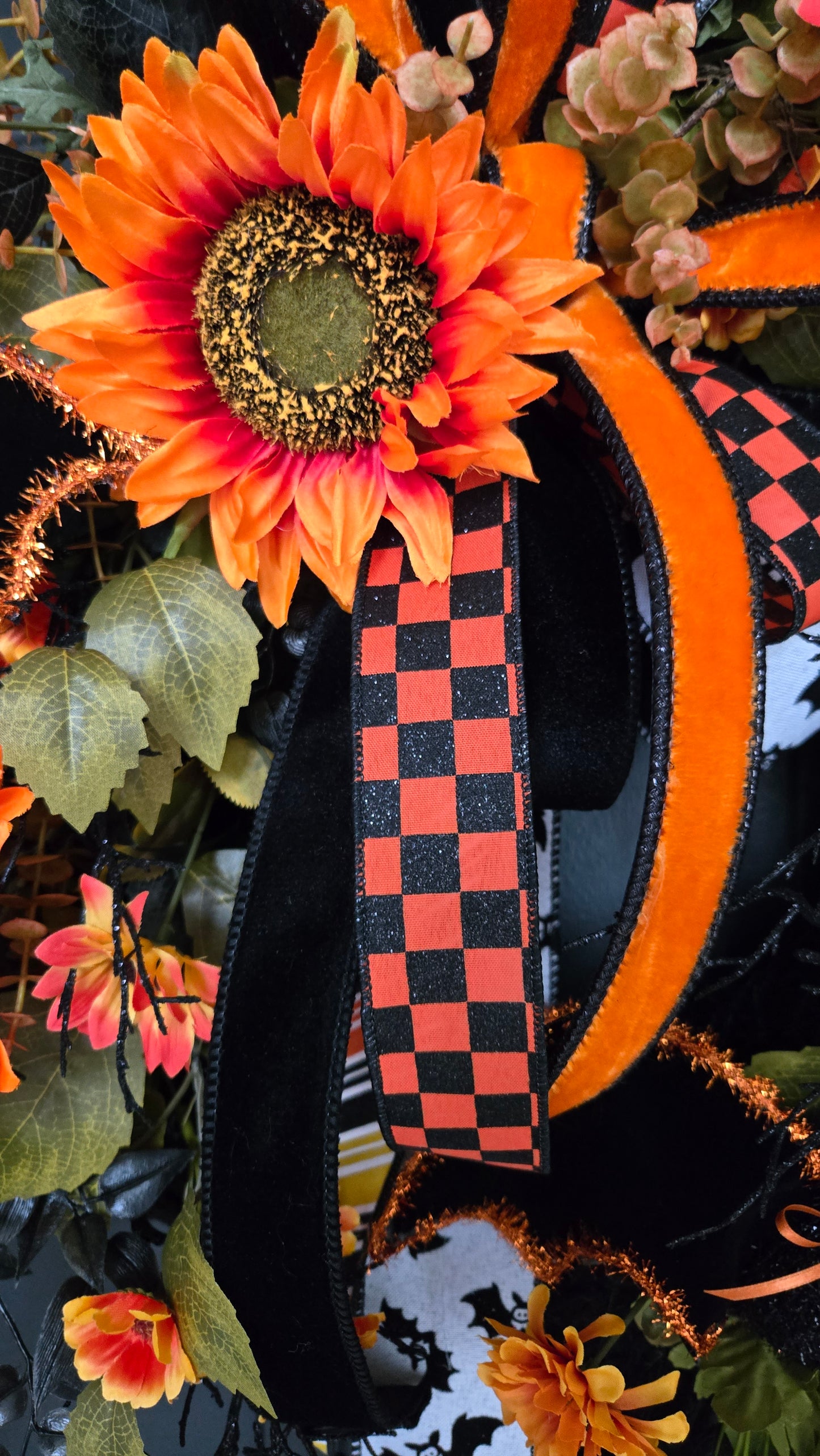 Sunflower & Bat Halloween Black Moss Wreath