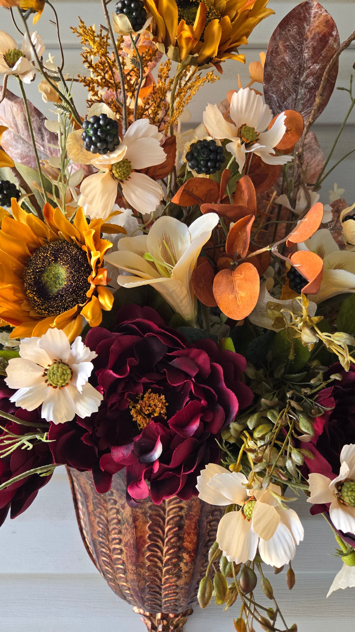Copper Harvest Wall Pocket Arrangement | Luxury Fall Floral Wall Decor with Sunflowers & Burgundy Blooms