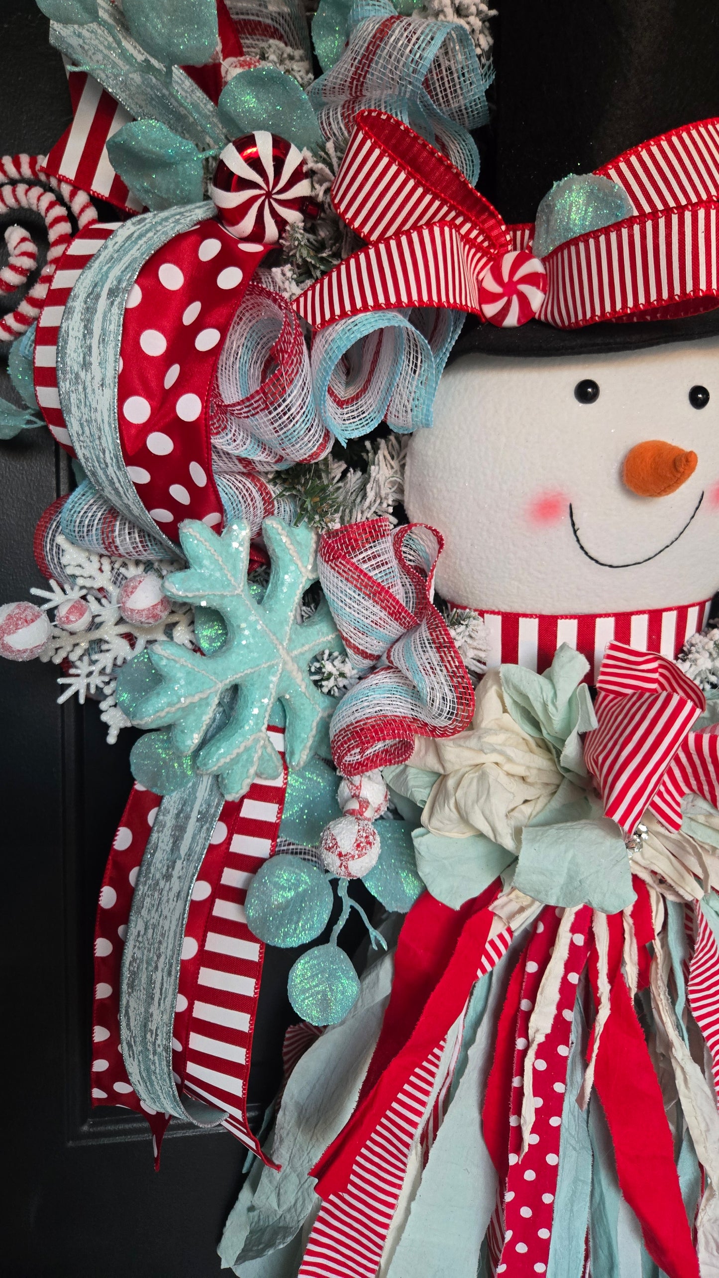 Whimsical Snowman Christmas Wreath with Rag Bow – Peppermint Holiday Door Decor in Red, White & Aqua