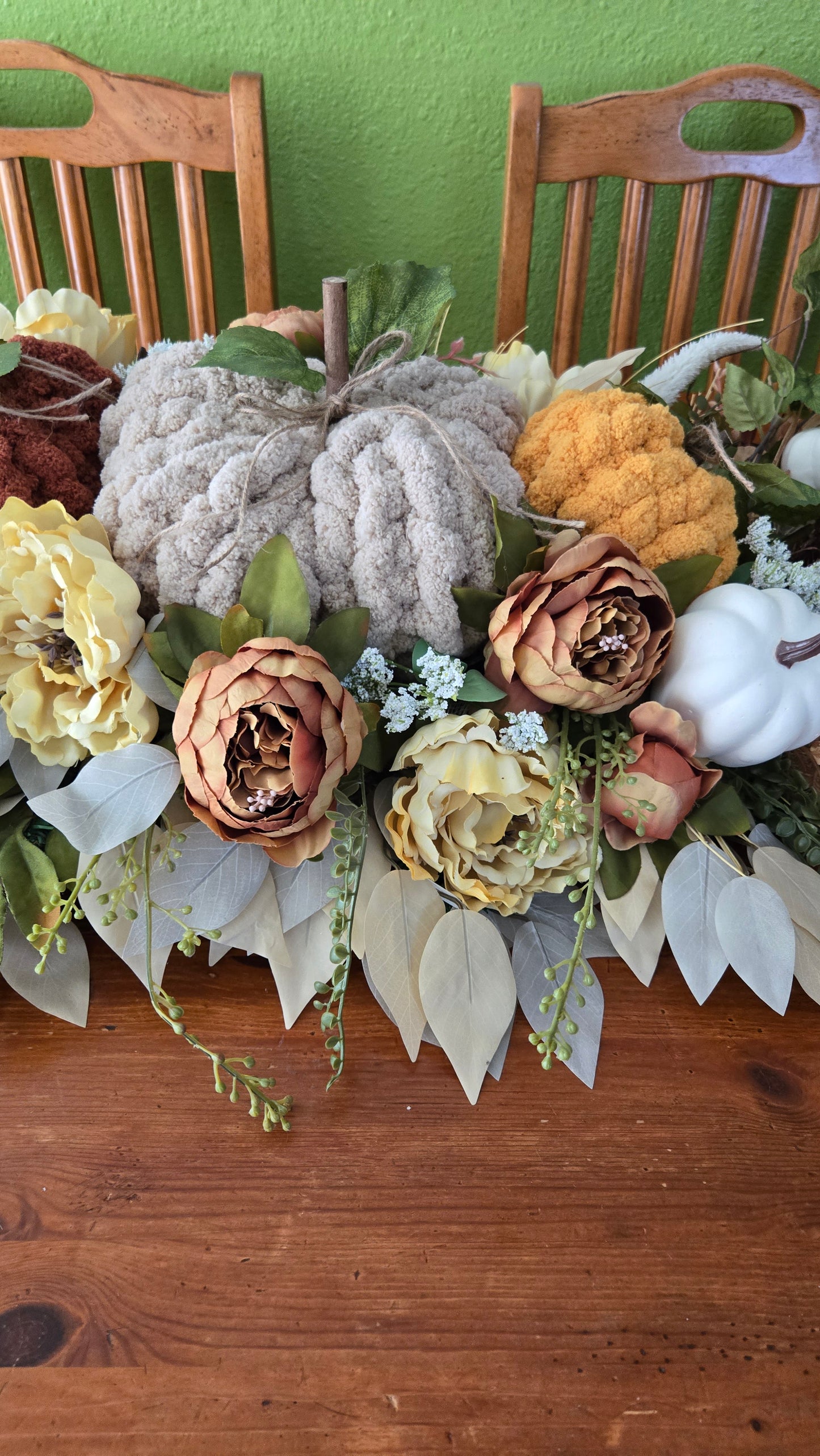 Fall Pumpkin Centerpiece or Door Swag – Rustic Harvest Décor with Handmade Knit Pumpkins