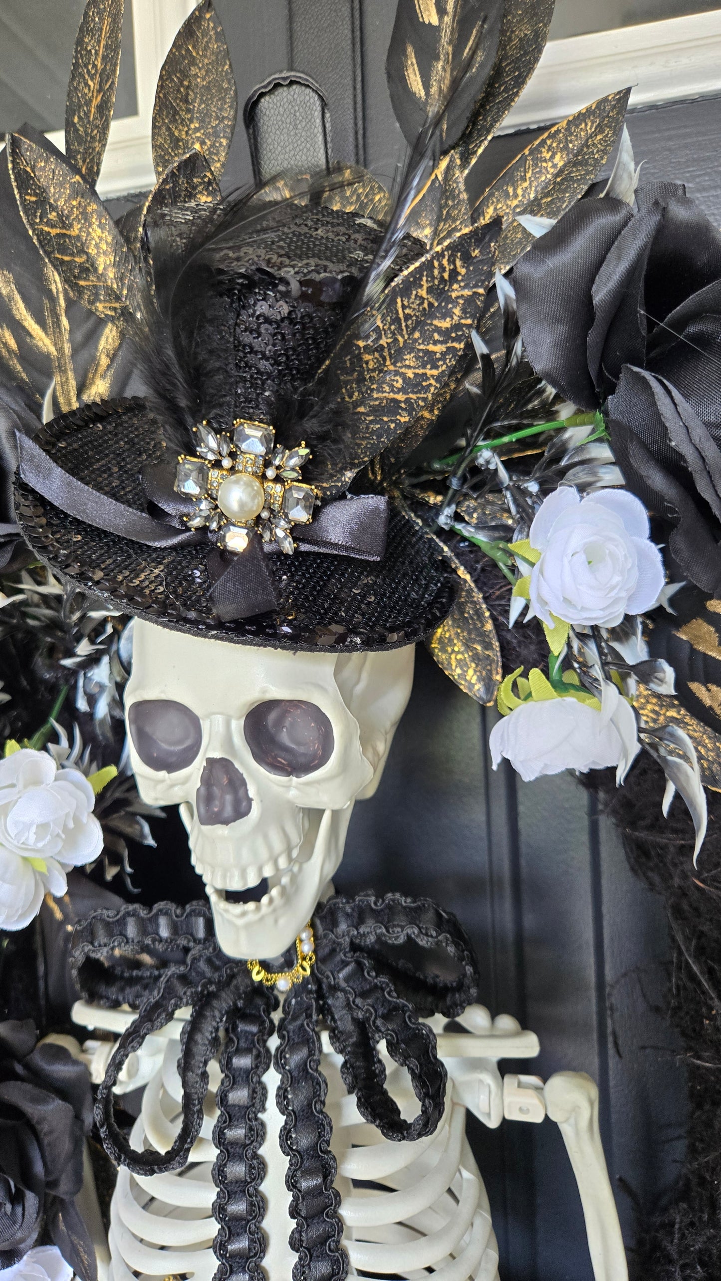 Literally Dead Skeleton Halloween Door Wreath | Large Black, White & Gold Gothic Halloween Decor
