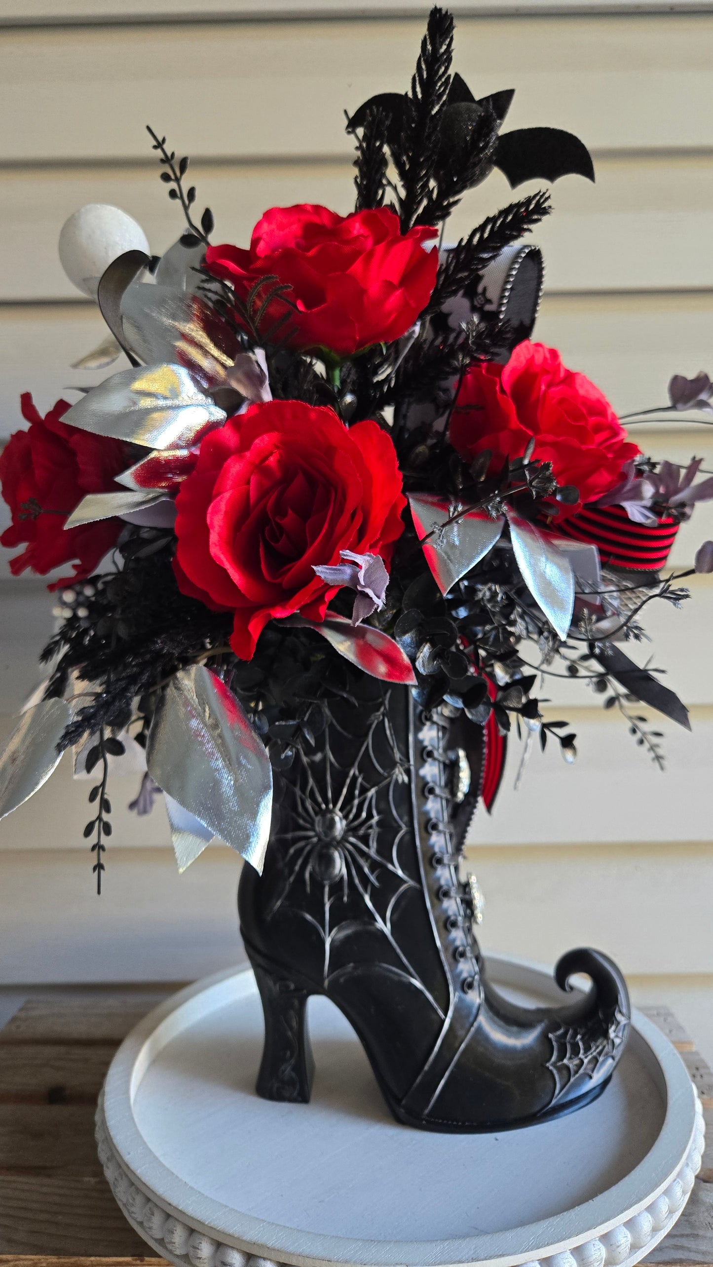 Whimsical Witch Boot Floral Arrangement | Gothic Halloween Centerpiece with Red Roses & Bats