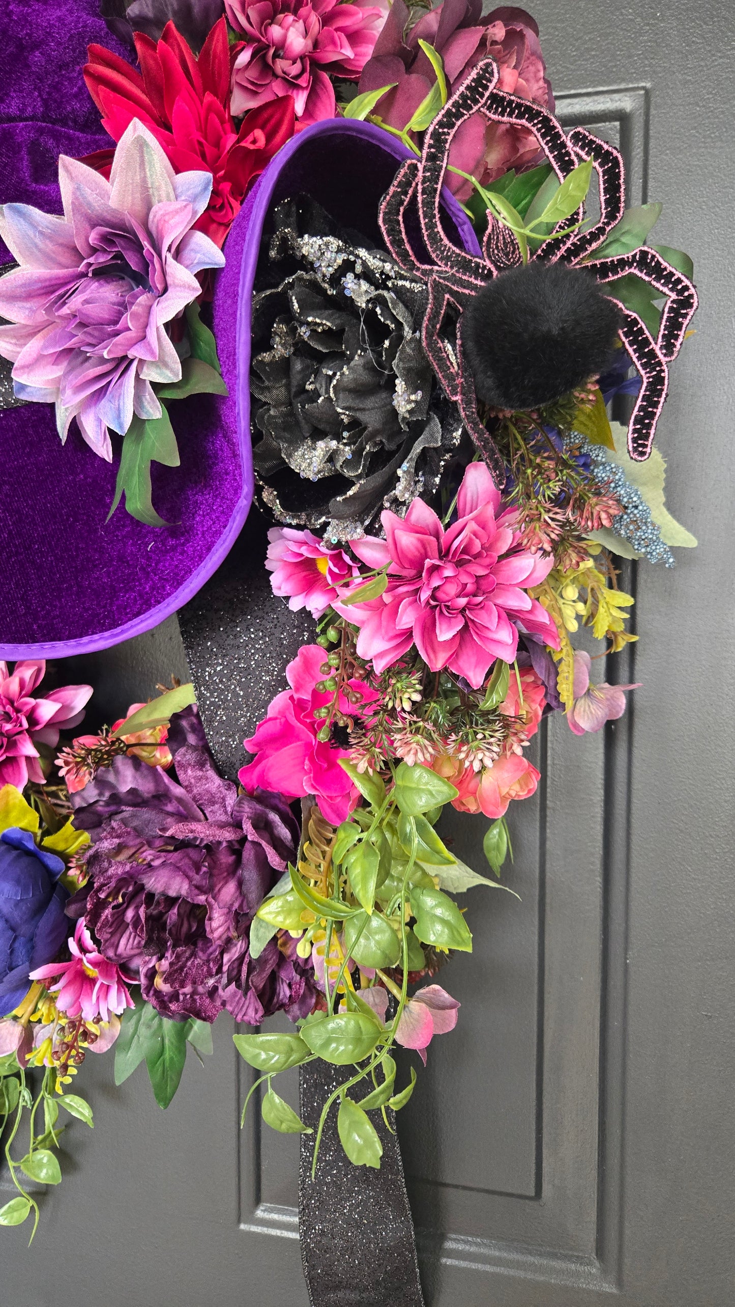 Halloween Wreath – Witch Hat Floral Grapevine Door Decor with Velvet Hat, Spiders, and Fall Blooms