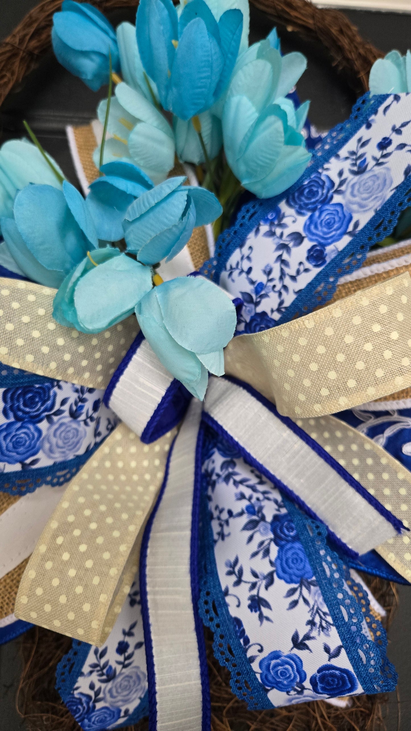 Blue Spring Tulip Twig Basket Wreath | Farmhouse Front Door Decor | Blue & White Floral Door Hanger | Everyday Spring Wreath