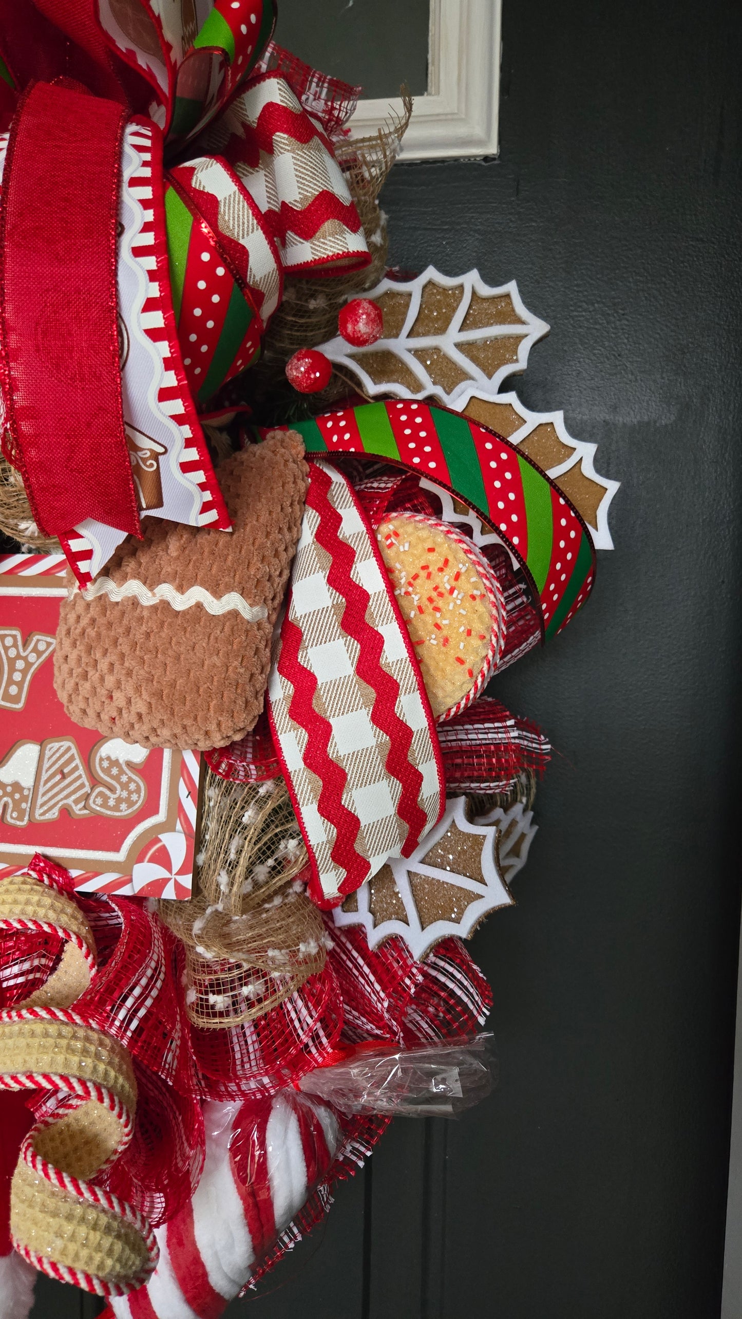 Whimsical Gingerbread Girl Christmas Wreath – Candy Cane Holiday Door Decor, Merry Christmas Mesh Wreath, Gingerbread Bakery Theme