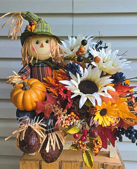 Fall Scarecrow Centerpiece with Sunflowers & Pumpkins – Autumn Table Decor, Bench Sitting Scarecrow, Thanksgiving Floral Arrangement