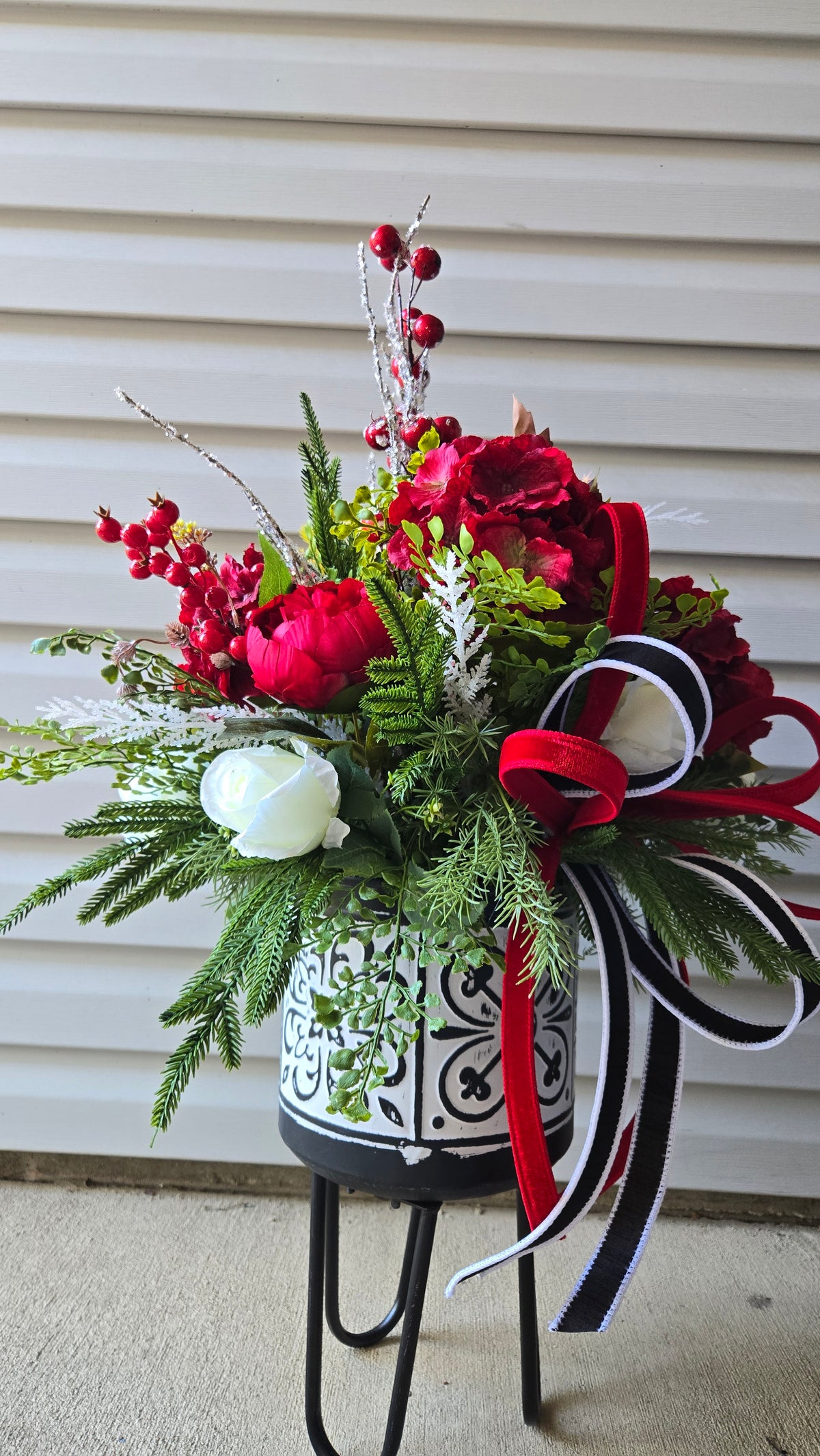 Style That Spot Crimson & Evergreen Floor Arrangement | Black, White & Red Holiday Plant Stand