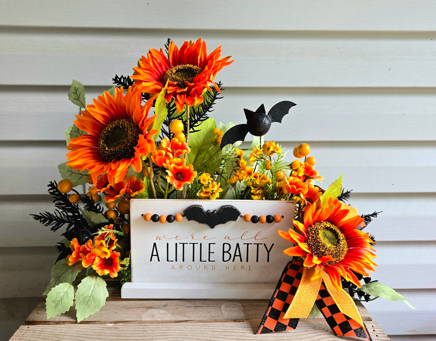 We're All a Little Batty Halloween Sunflower Floral Arrangement | Halloween Table Centerpiece