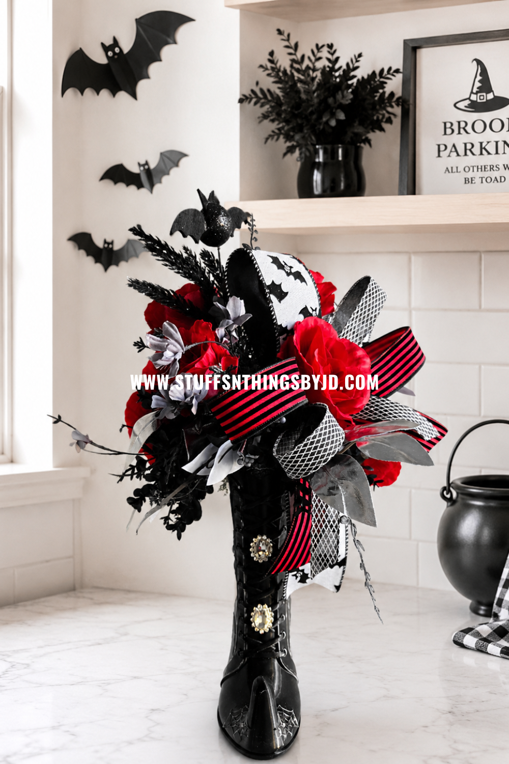 Whimsical Witch Boot Floral Arrangement | Gothic Halloween Centerpiece with Red Roses & Bats