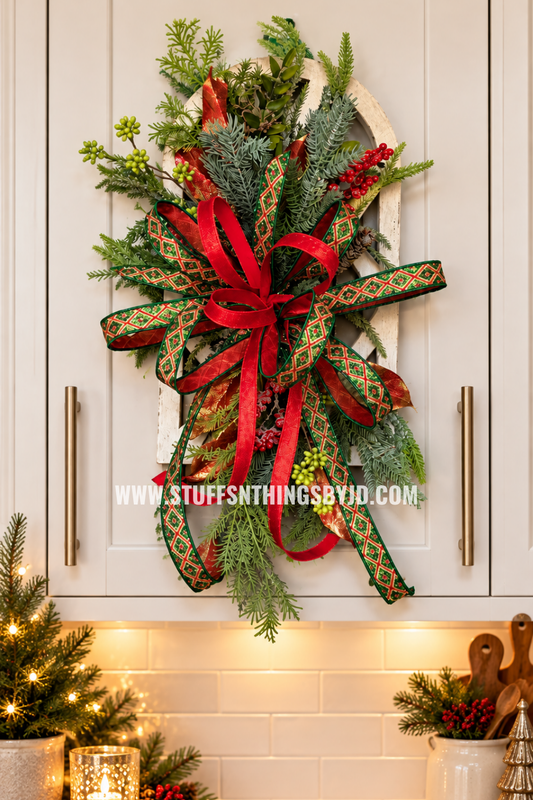 Christmas Window Pane Hanger, Red & Green Holiday Greenery Door & Wall Décor, Holiday Wall Hanging