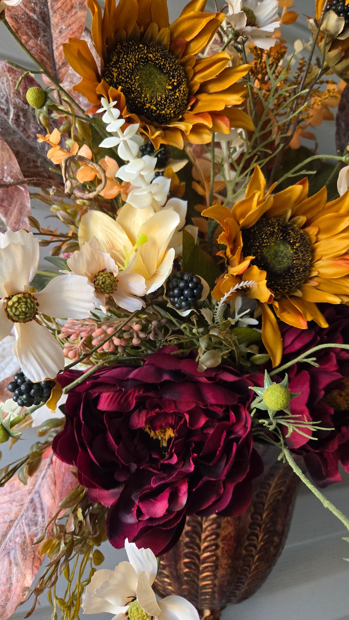 Copper Harvest Wall Pocket Arrangement | Luxury Fall Floral Wall Decor with Sunflowers & Burgundy Blooms