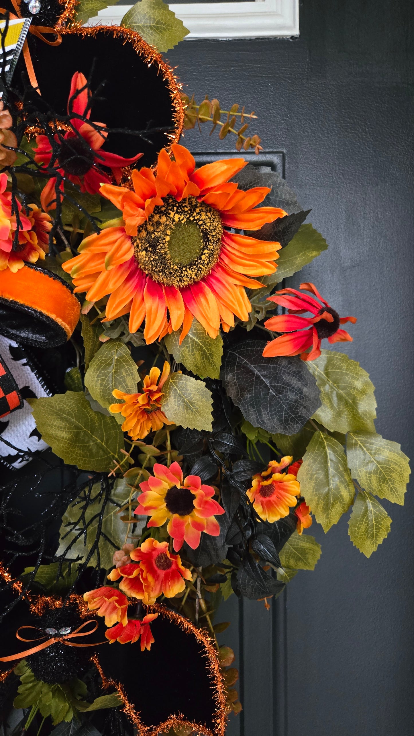 Sunflower & Bat Halloween Black Moss Wreath