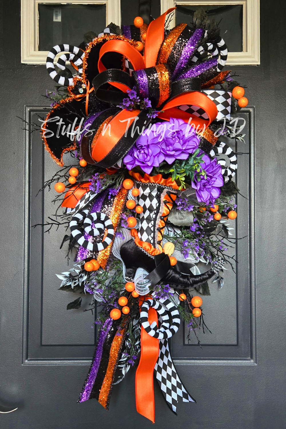 Witch Boot Halloween Swag – Black Orange Purple Front Door Wreath