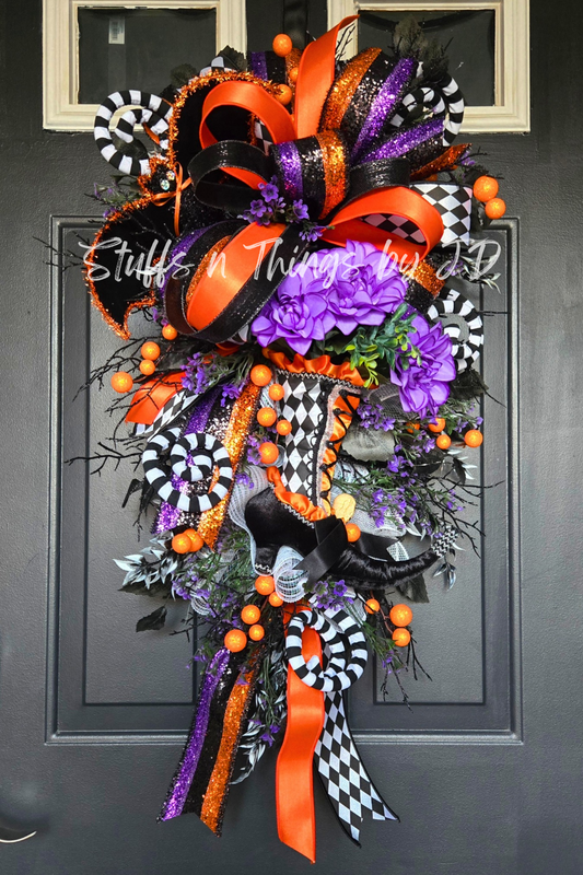 Witch Boot Halloween Swag – Black Orange Purple Front Door Wreath