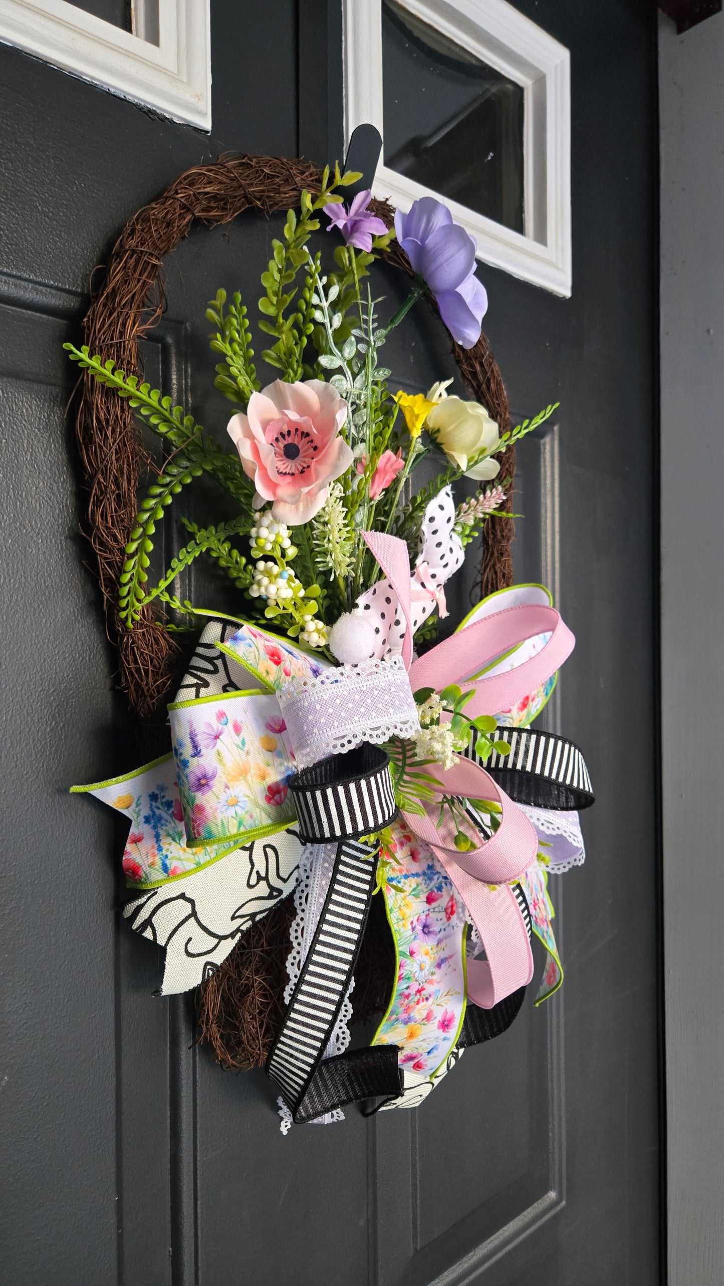 Spring Basket Door Hanger | Floral Grapevine Basket Wreath | Easter Front Door Decor | Cottage Farmhouse Wall Hanging