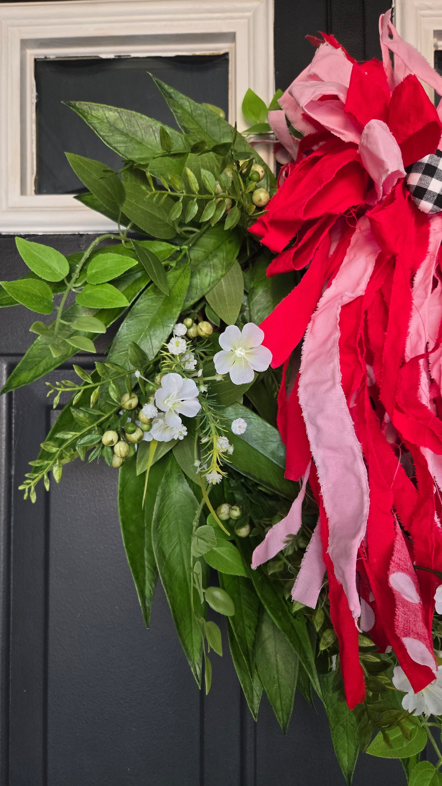 Valentine Greenery Wreath with Red & Pink Rag Bow | Farmhouse Front Door Decor | Everyday Spring Wreath