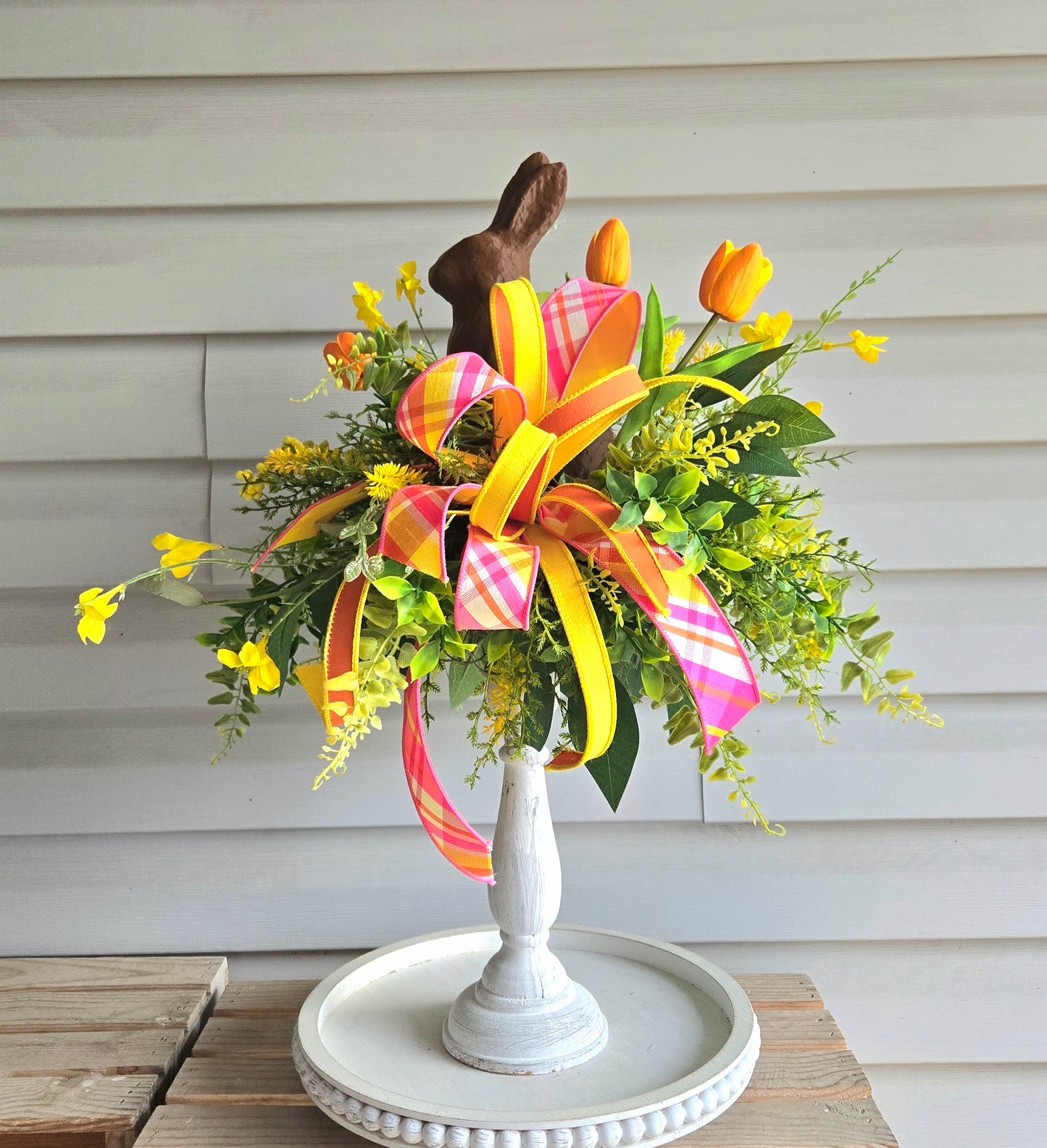 Chocolate Bunny Candlestick Easter Centerpiece | Spring Floral Arrangement with Tulips