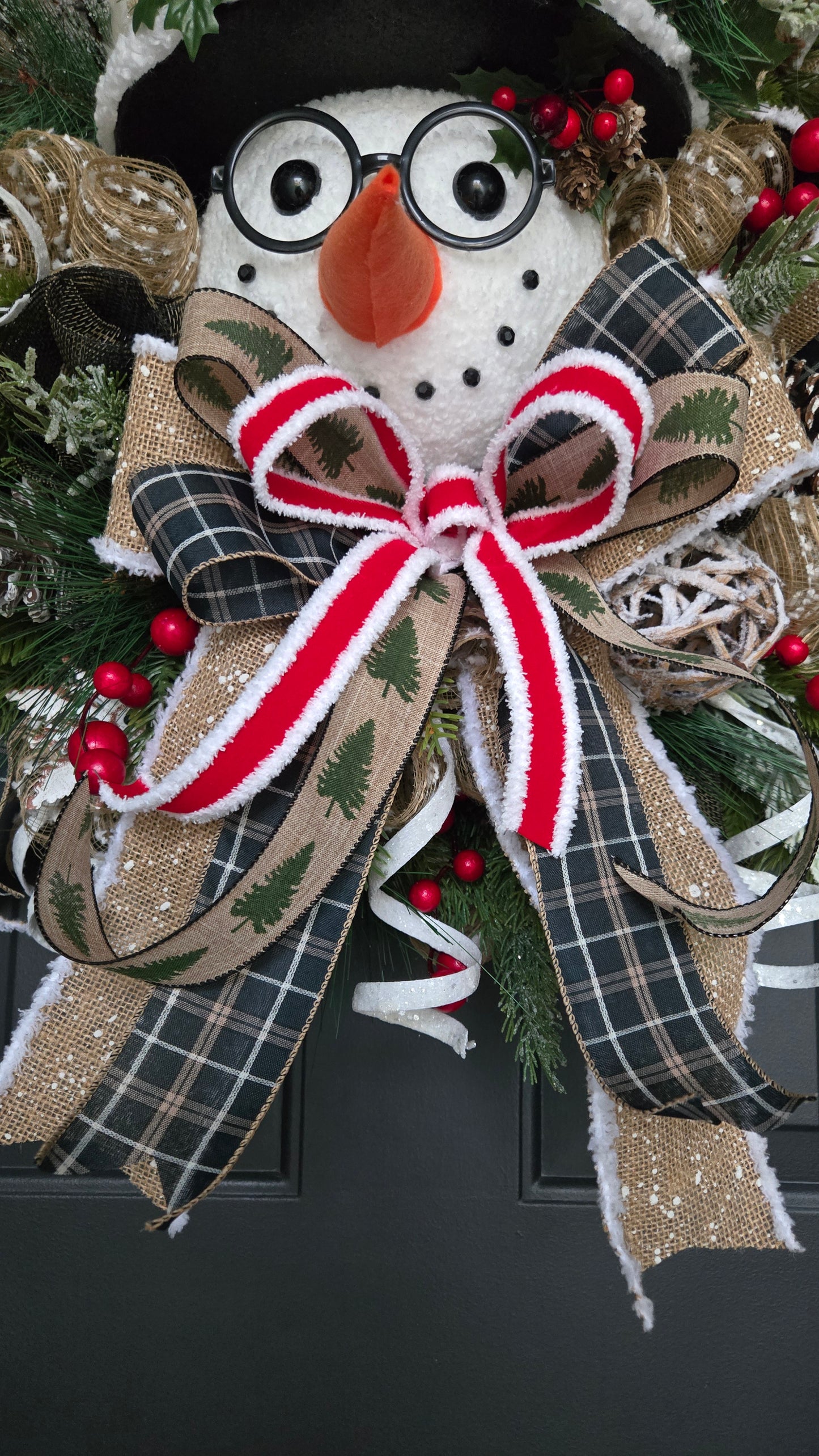 Rustic Snowman Christmas Wreath with Glasses – Holiday Seasonal Door Wreath with Pinecones & Woodland Accents