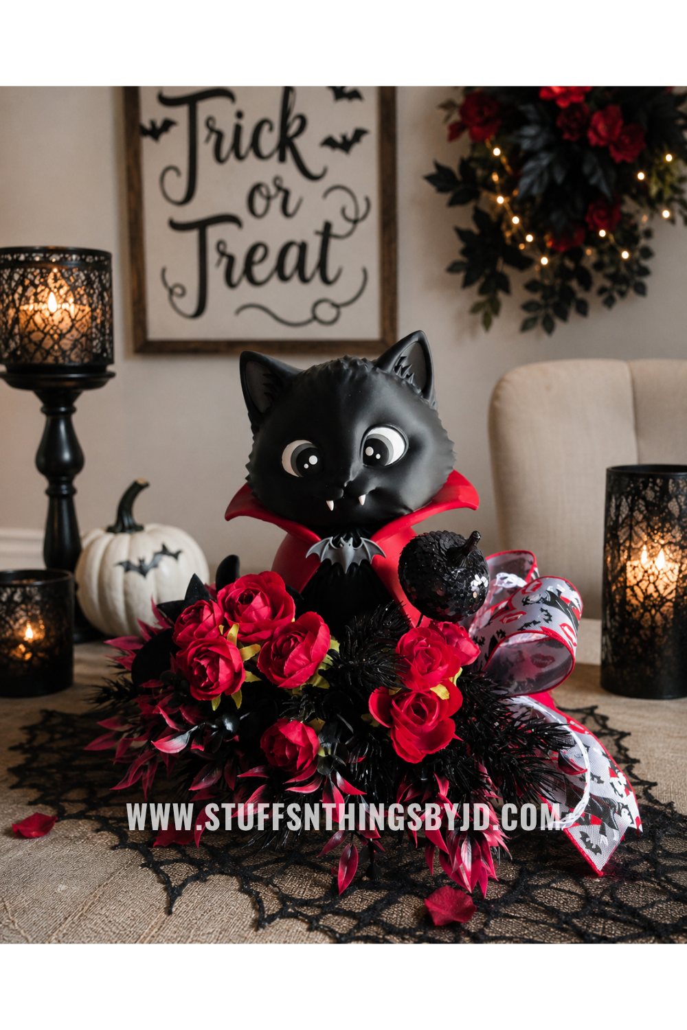 Vampire Kitty Halloween Centerpiece | Cat Halloween Decor