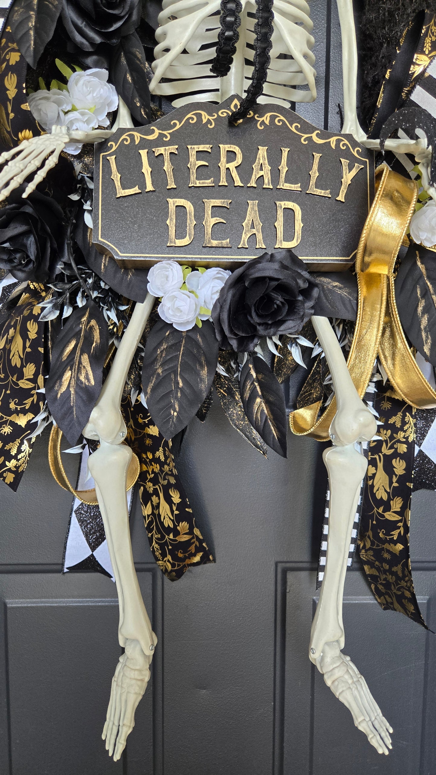 Literally Dead Skeleton Halloween Door Wreath | Large Black, White & Gold Gothic Halloween Decor