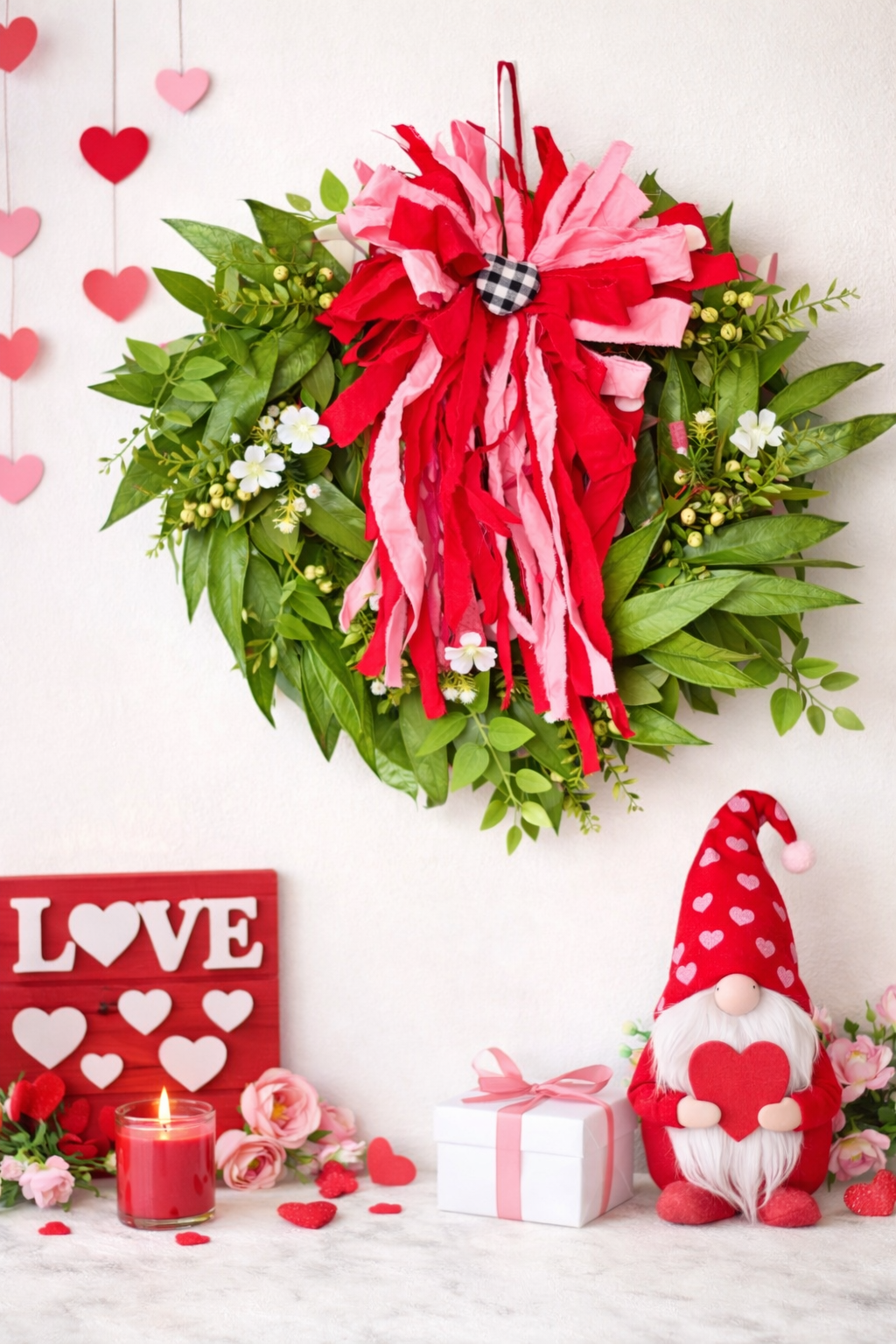 Valentine Greenery Wreath with Red & Pink Rag Bow | Farmhouse Front Door Decor | Everyday Spring Wreath