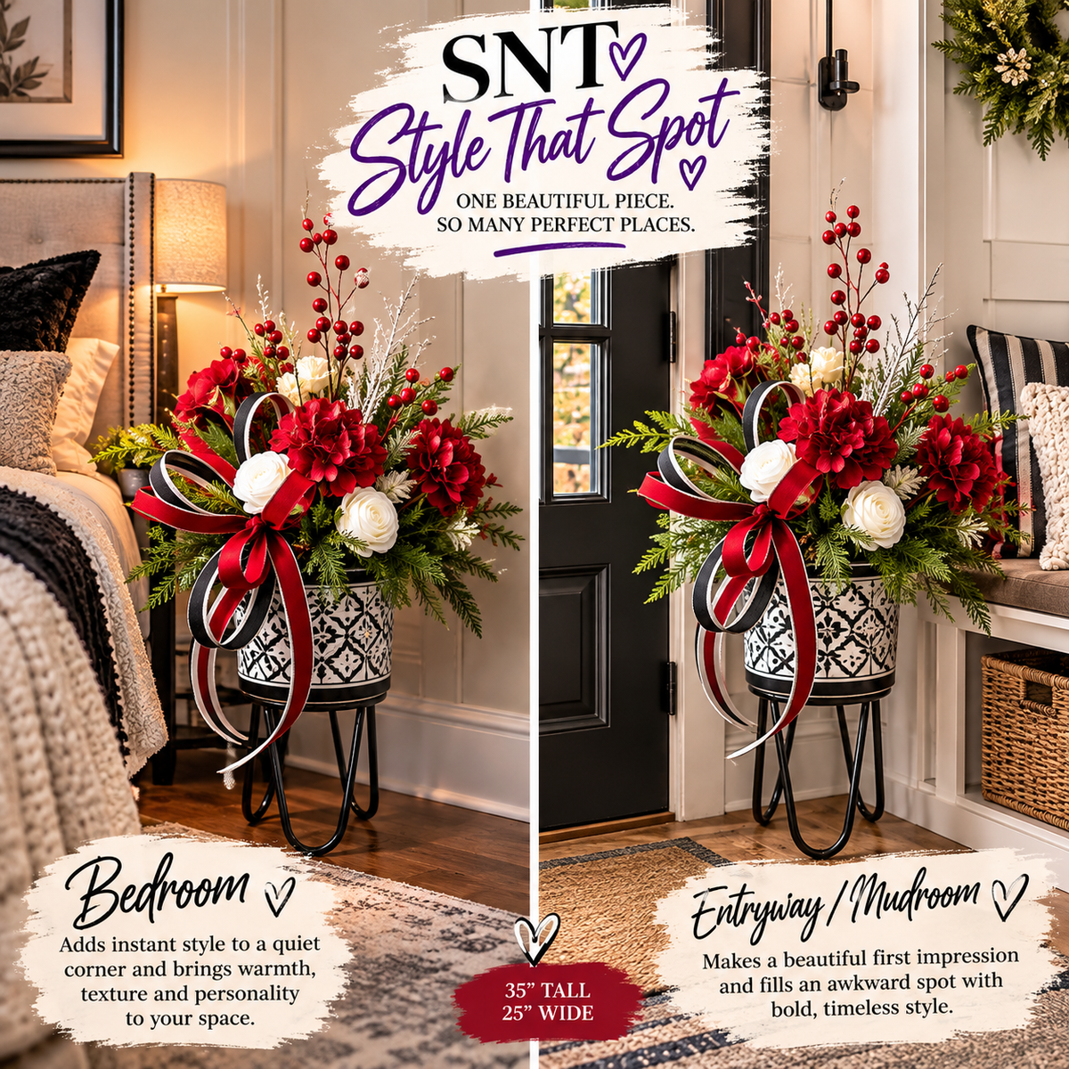 Style That Spot Crimson & Evergreen Floor Arrangement | Black, White & Red Holiday Plant Stand