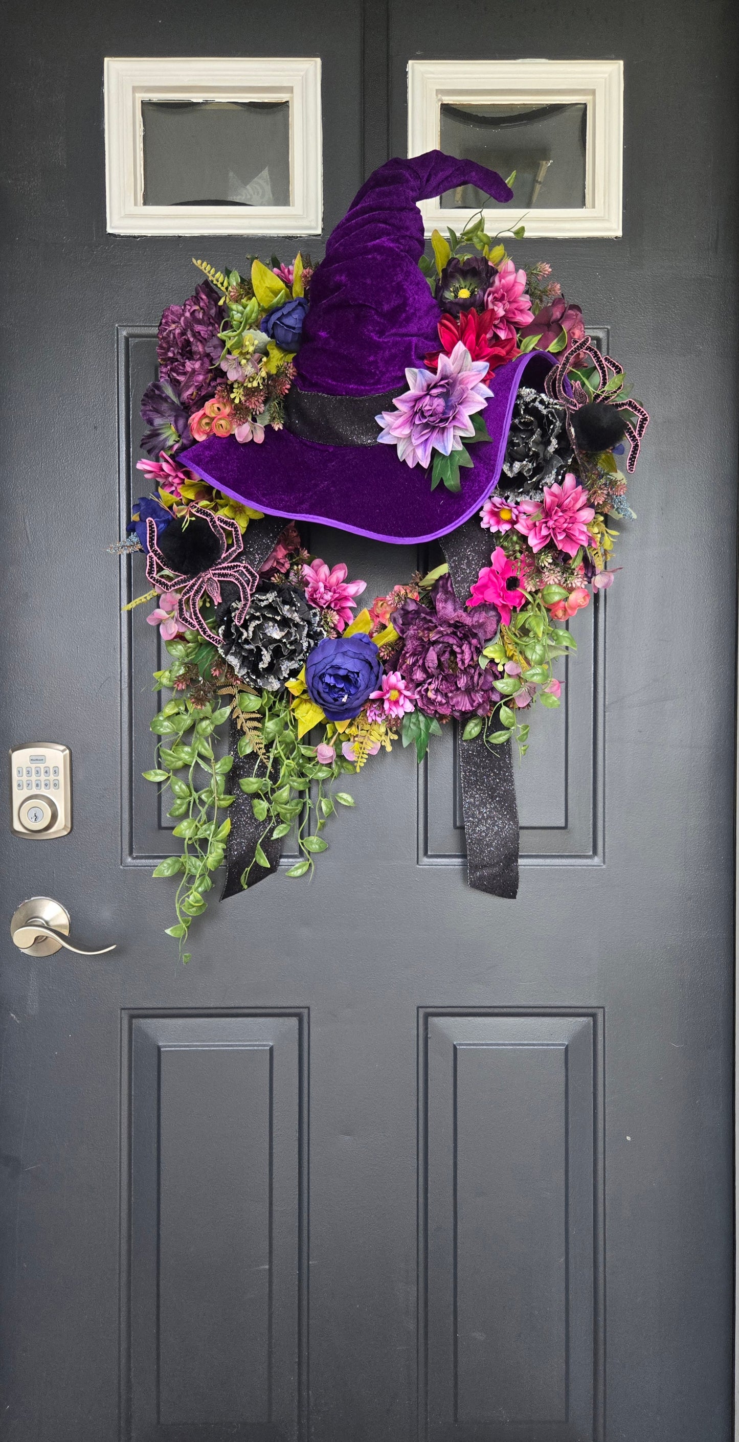 Halloween Wreath – Witch Hat Floral Grapevine Door Decor with Velvet Hat, Spiders, and Fall Blooms