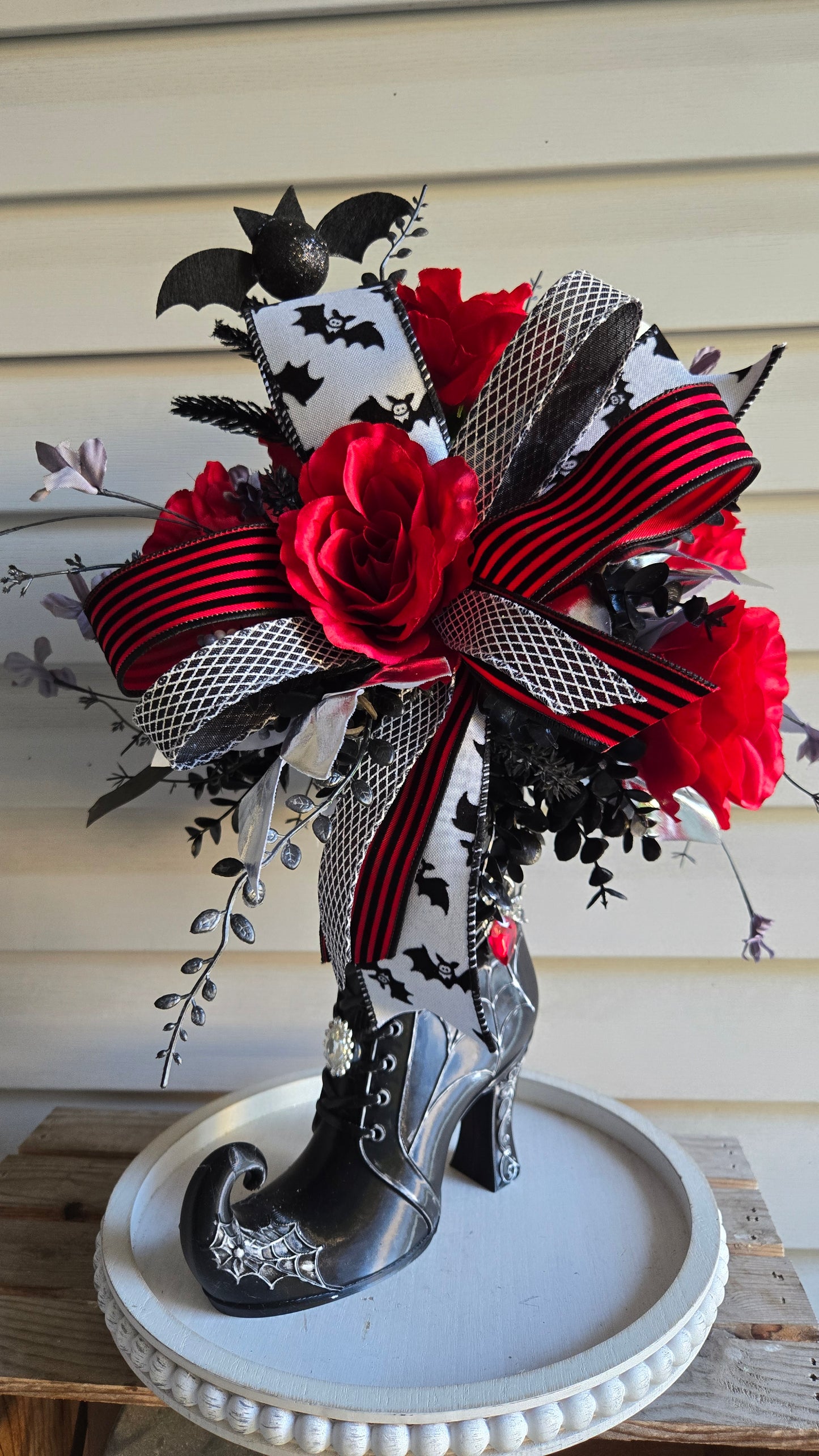 Whimsical Witch Boot Floral Arrangement | Gothic Halloween Centerpiece with Red Roses & Bats