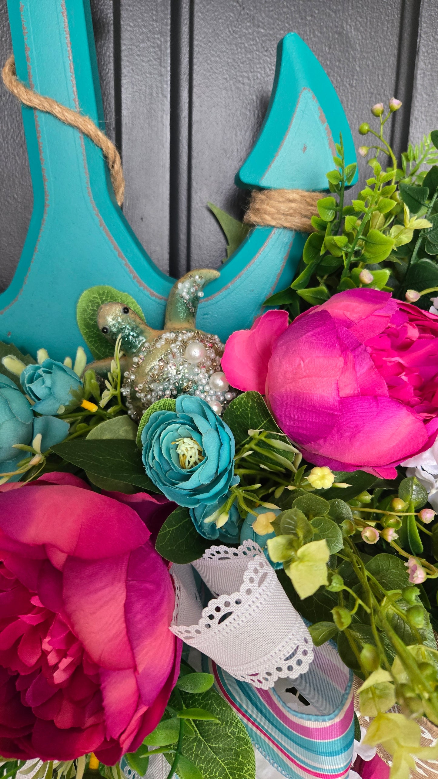 Coastal Bead Wreath with Turquoise Anchor & Lush Florals | Oversized Front Door Statement