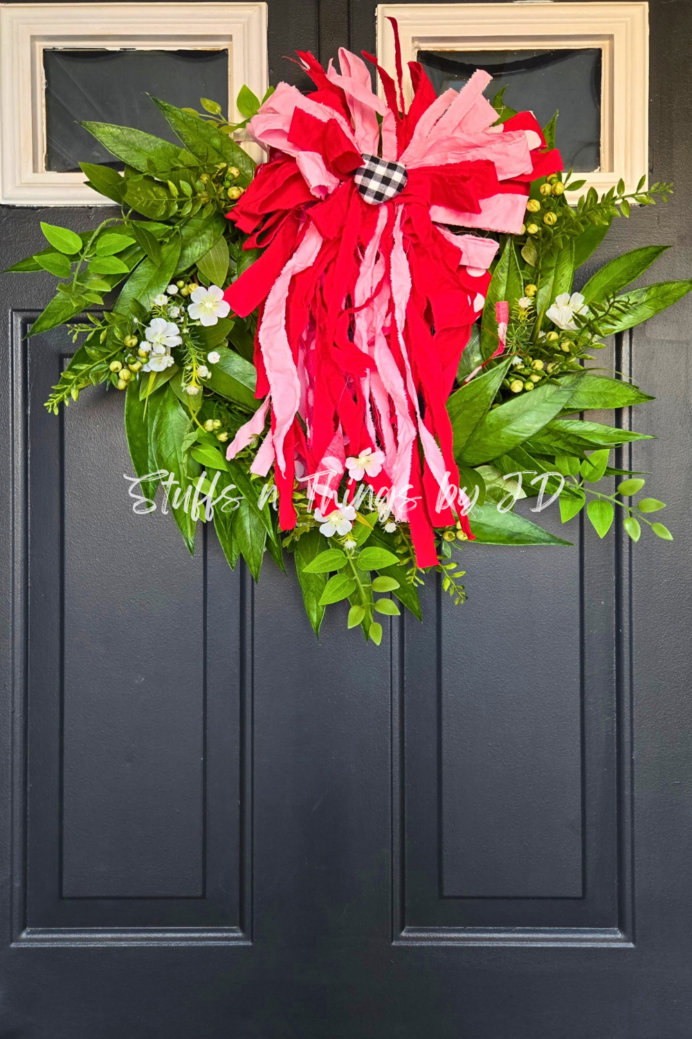 Valentine Greenery Wreath with Red & Pink Rag Bow | Farmhouse Front Door Decor | Everyday Spring Wreath