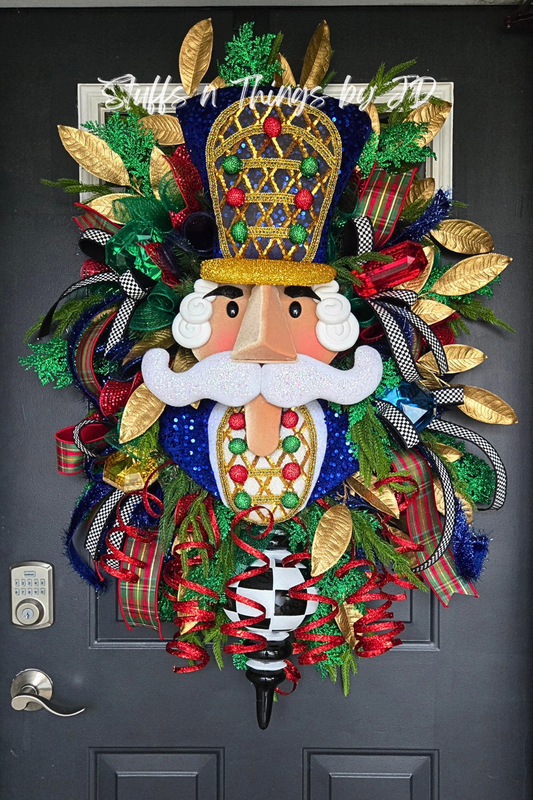 XL Nutcracker Christmas Wreath – Grand Holiday Home Decor with Plaid Ribbon, Gold Accents & Festive Glitter Details