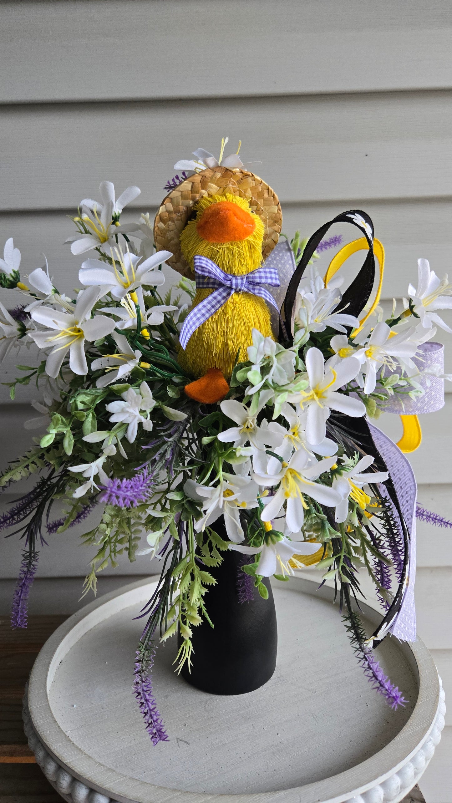 Easter Duck Candlestick Arrangement | Spring Floral Centerpiece with Duck Figurine, Farmhouse Easter Decor