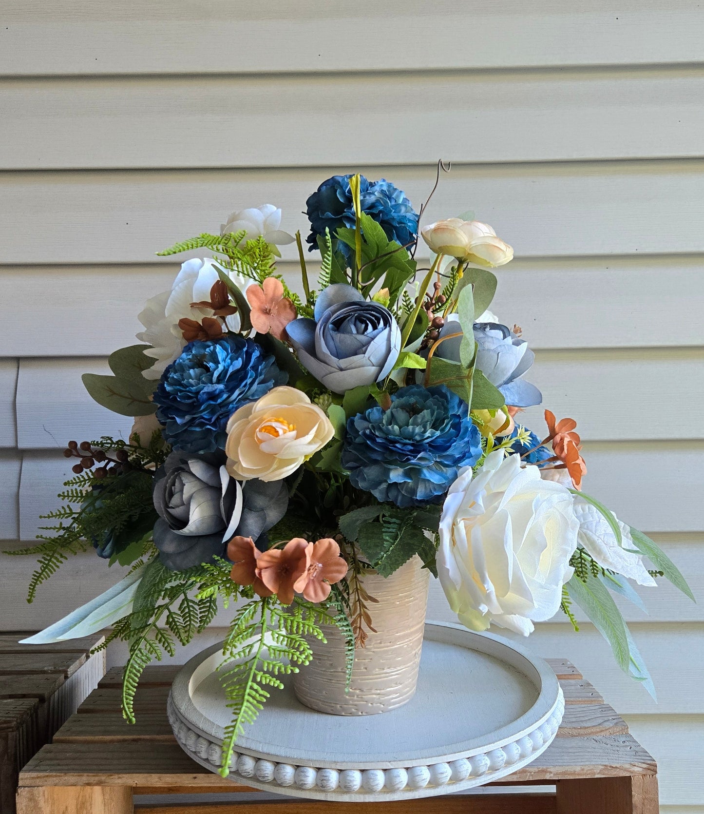 Blue Ranunculus & Cream Rose Floral Arrangement in Ceramic Planter | 16" Luxury Centerpiece