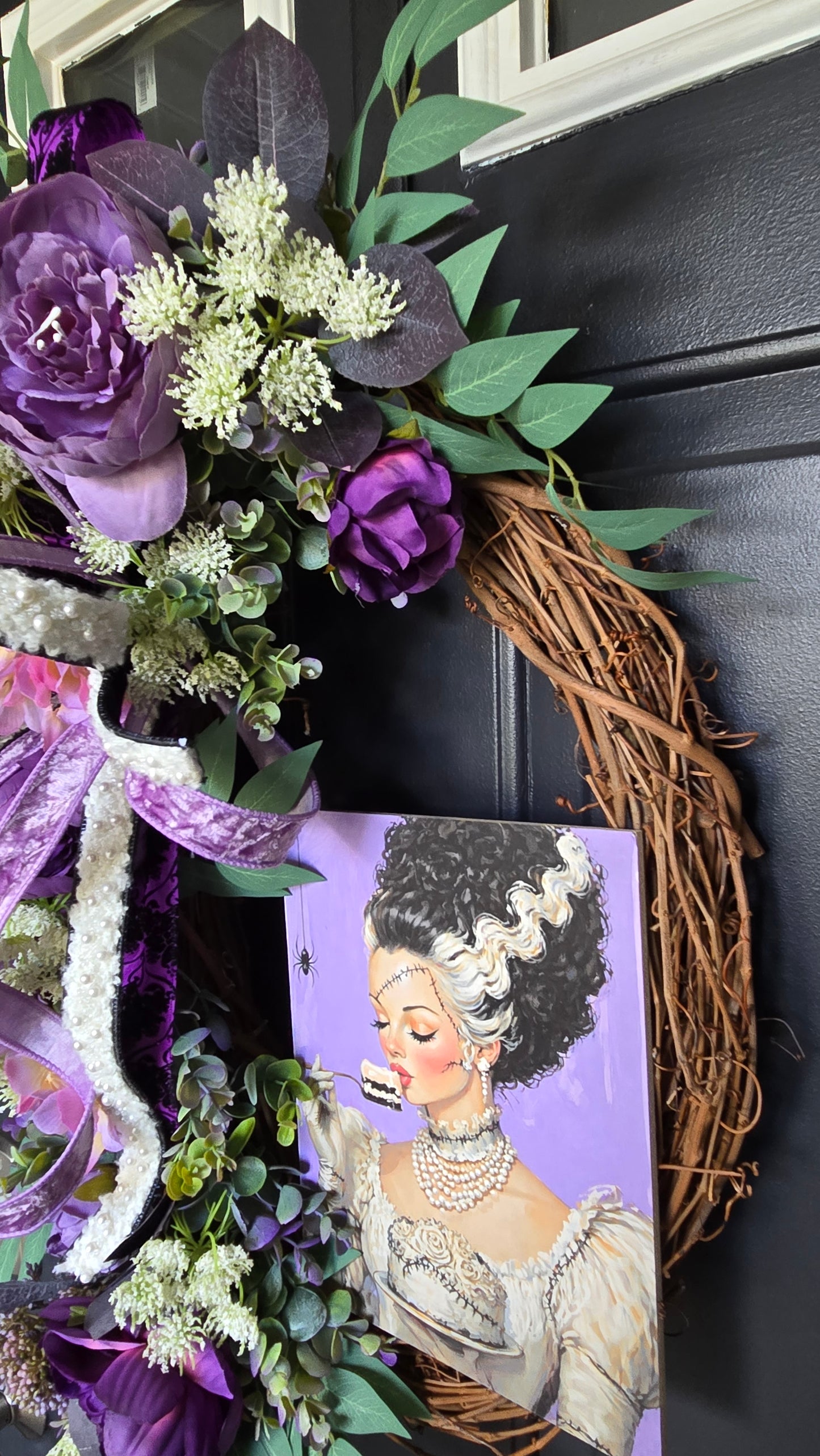 Glam Romantic Bride - Purple Floral Grapevine Wreath with Velvet Ribbon & Gothic Art Accent